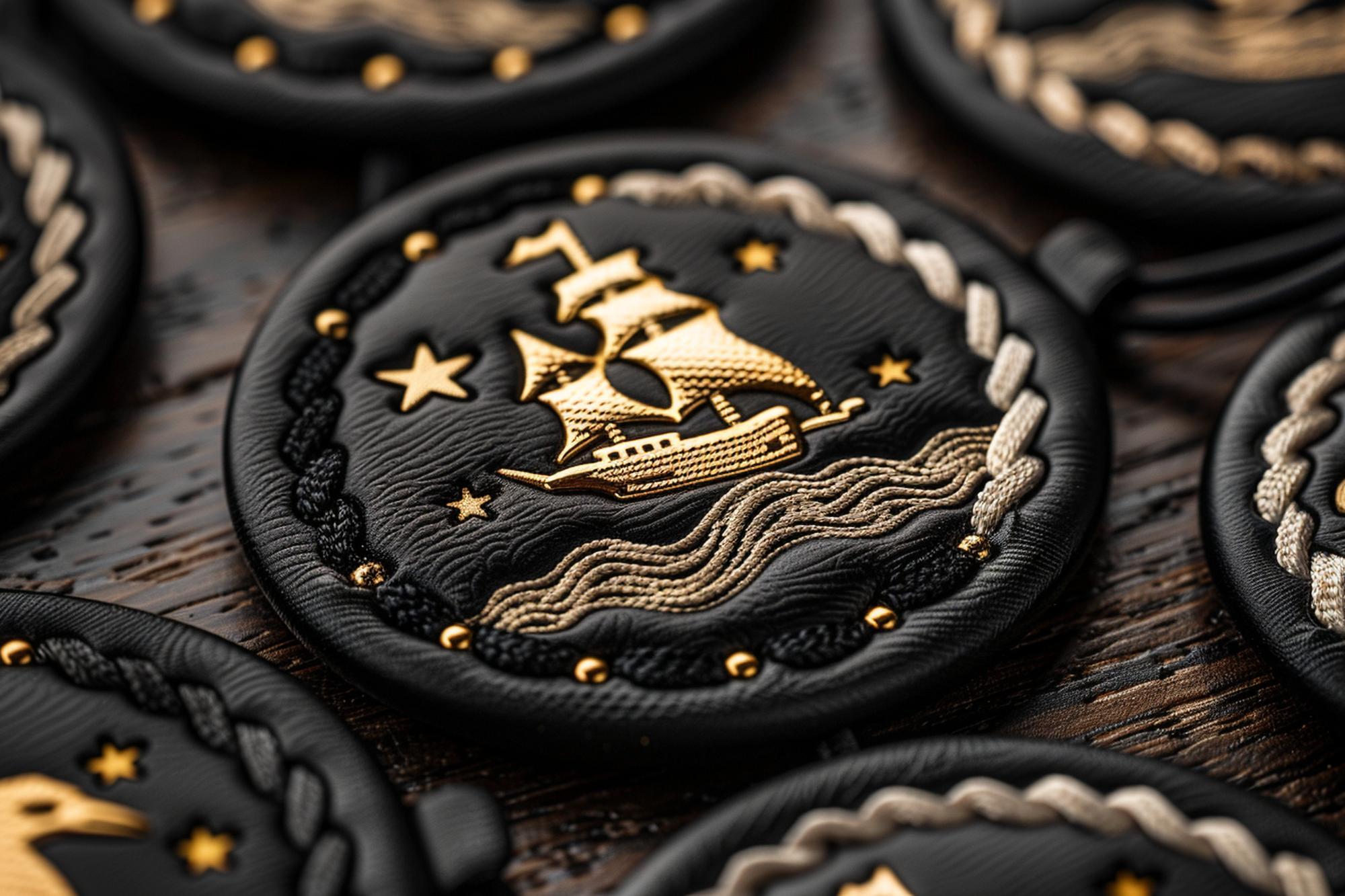 embroidered badge detail on navy fabric